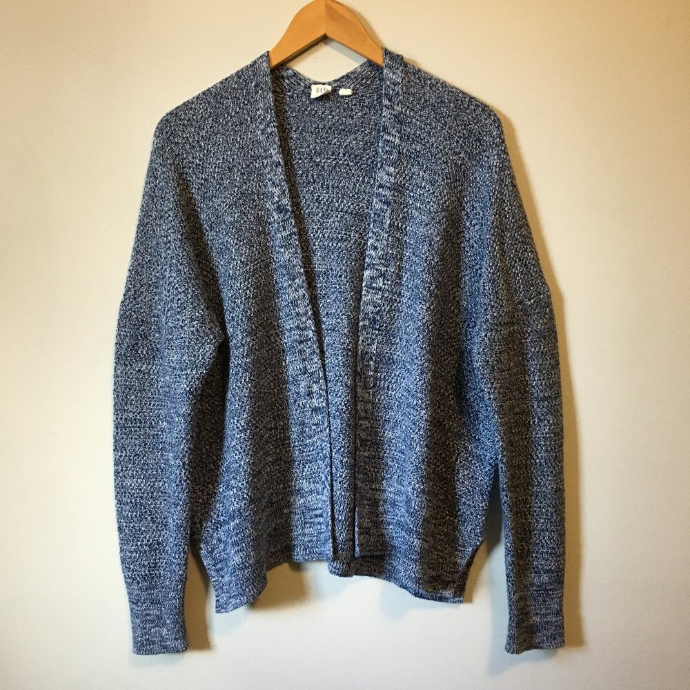 Chunky 100% Cotton Blue White Marled Cardigan L